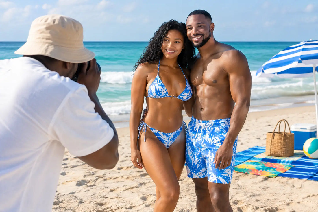 How to Pose Couples in Matching Swimsuits
