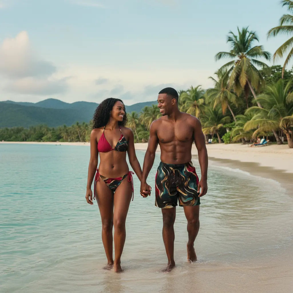 Couples Swim Trunks – Liquid Gold (His & Hers) - Ivrie Blu 