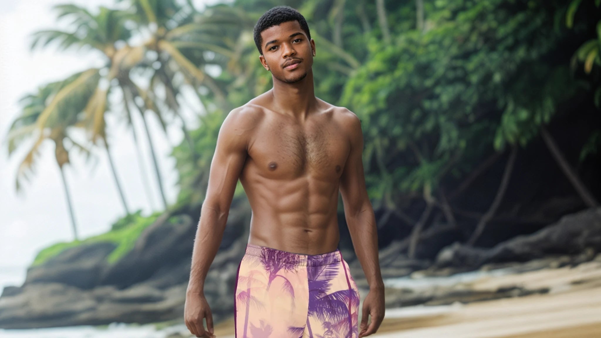 His and Her's Couples Matching Swimwear - SWIM TRUNKS  - Palm Sunset - Ivrie Blu 