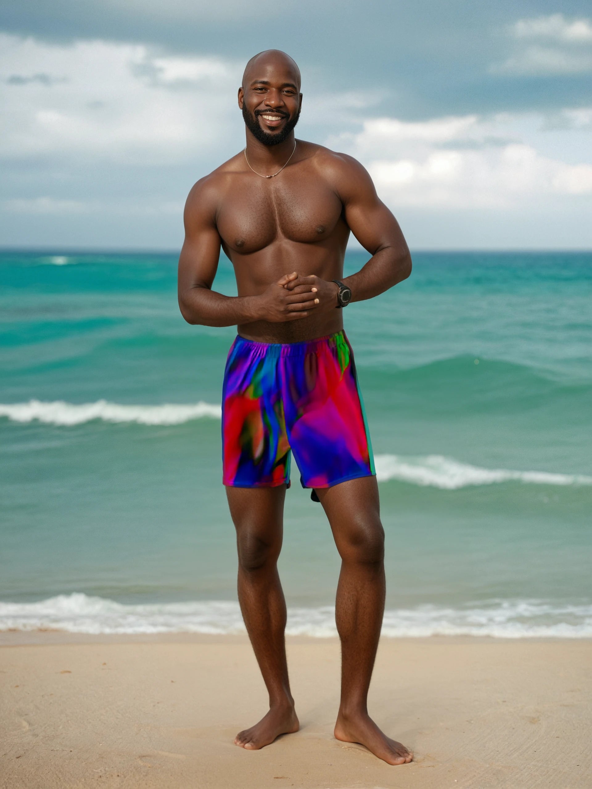 Couples matching swim trunks and bikini